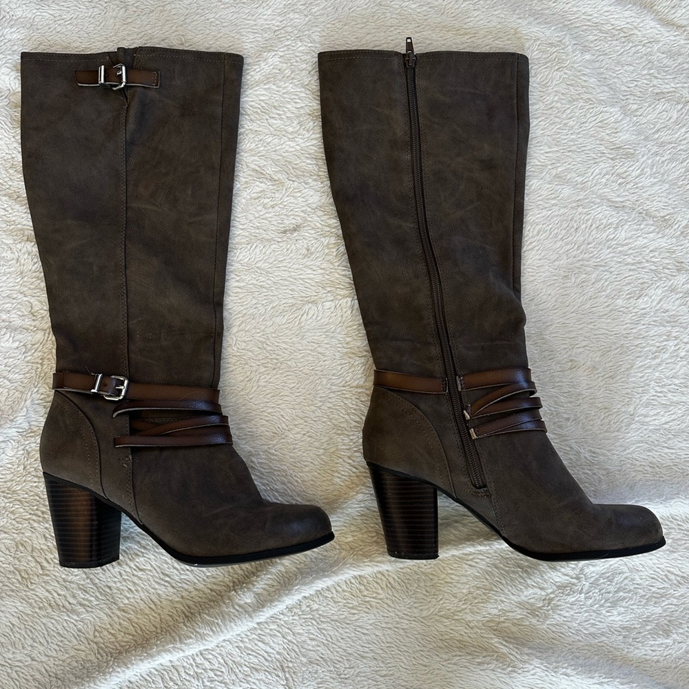 Madden Girl Brown Combat Moto Boots with Block Heel